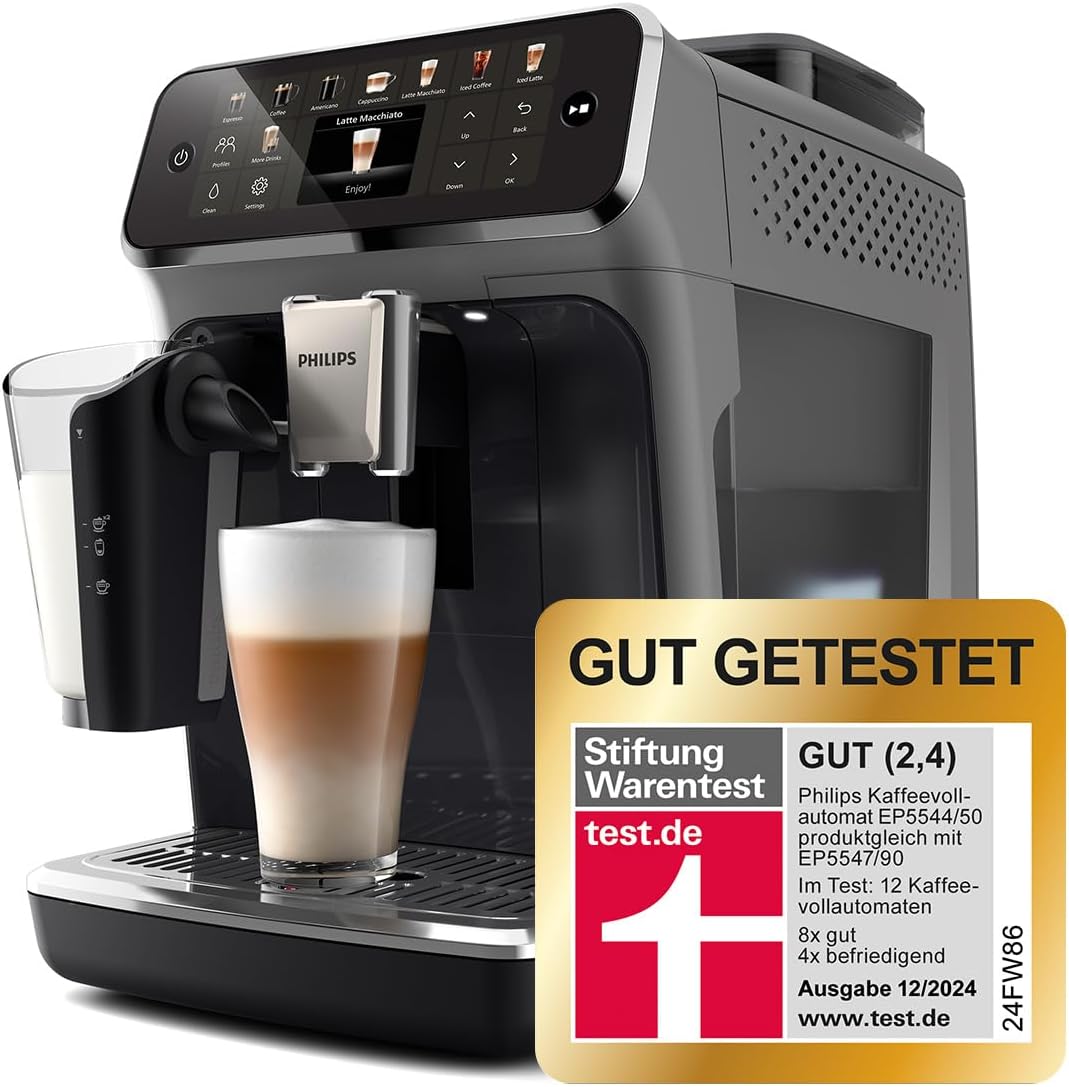 Serie 5500 Kaffeevollautomat – LatteGo Milchsystem,20 heiße und kalte Kaffeespezialitäten,40% leiser mit SilentBrew, QuickStart, Schwarz/Grau (EP5544/50)