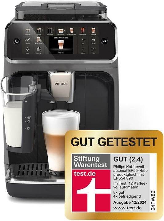 Serie 5500 Kaffeevollautomat – LatteGo Milchsystem,20 heiße und kalte Kaffeespezialitäten,40% leiser mit SilentBrew, QuickStart, Schwarz/Grau (EP5544/50)